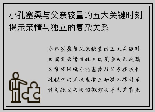 小孔塞桑与父亲较量的五大关键时刻揭示亲情与独立的复杂关系